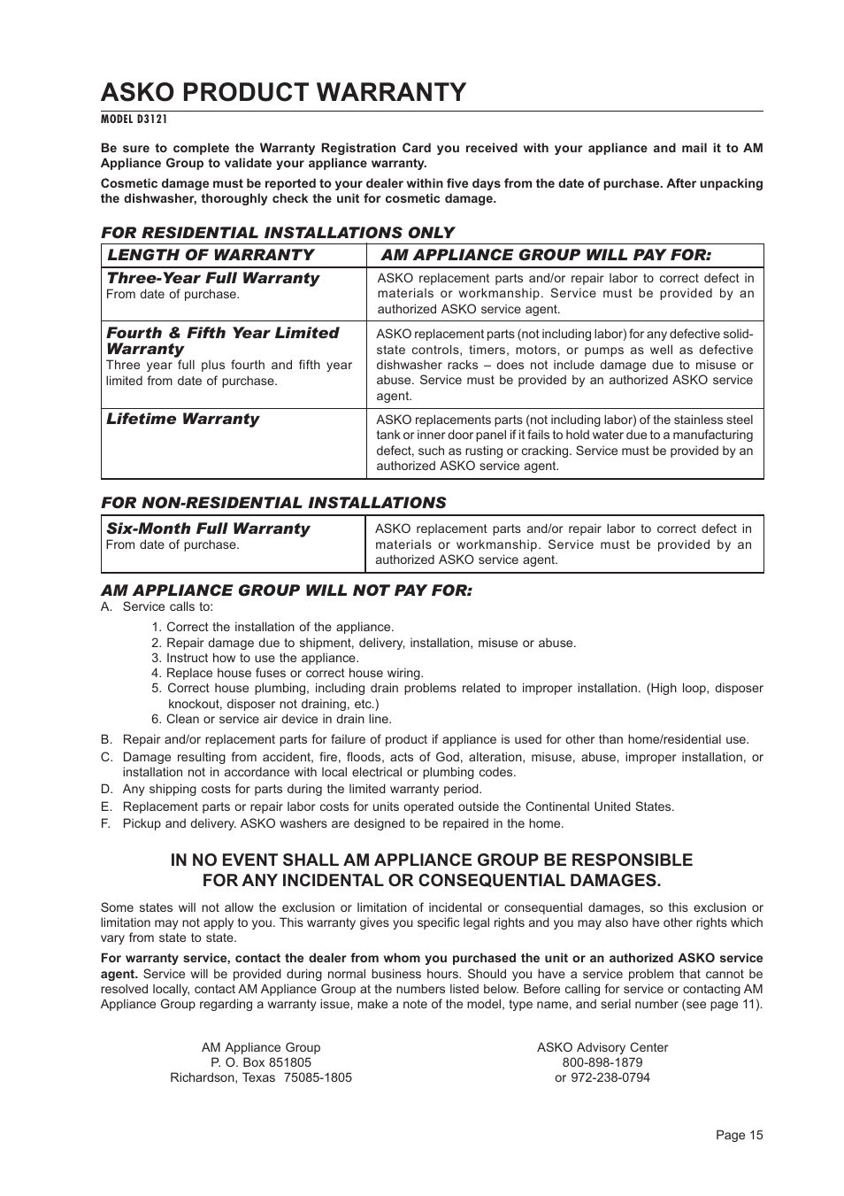 Asko product warranty | ASKO D3121 User Manual | Page 15 / 16