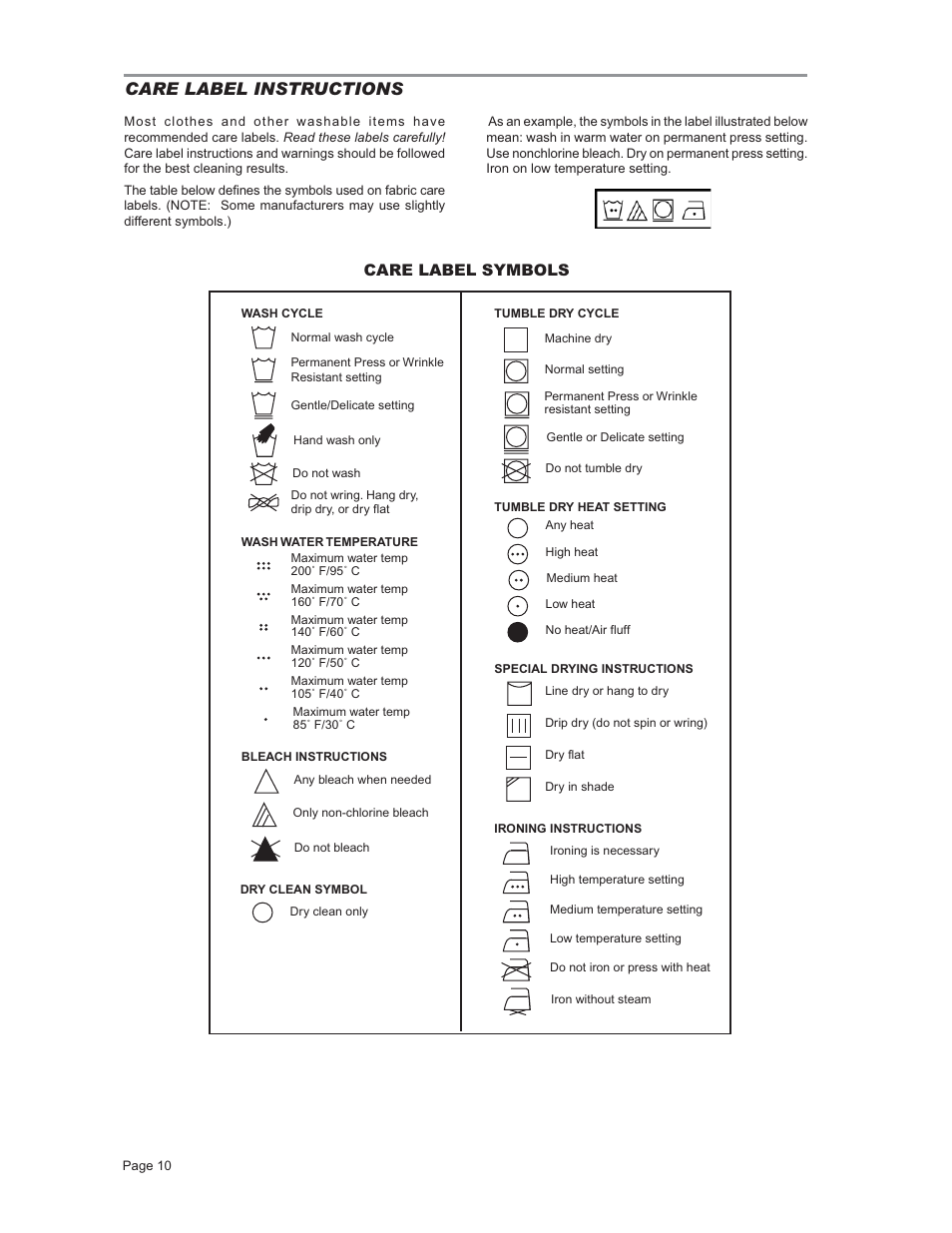 Care label instructions | ASKO T731 User Manual | Page 10 / 20