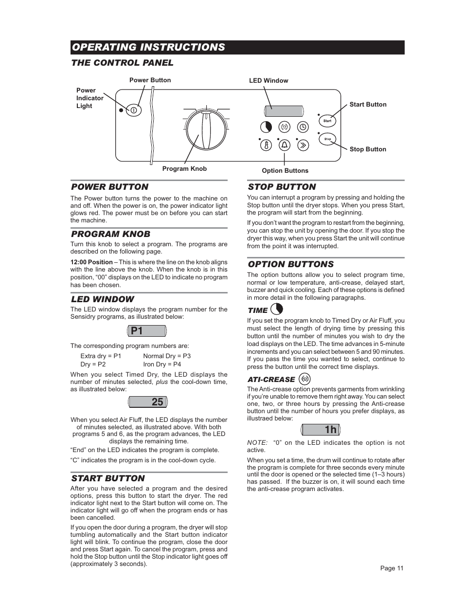 Operating instructions, The control panel, Power button | Program knob, Led window, Fpi t, Startbutton, Stop button, Option buttons, I 25 | ASKO T731 User Manual | Page 11 / 20