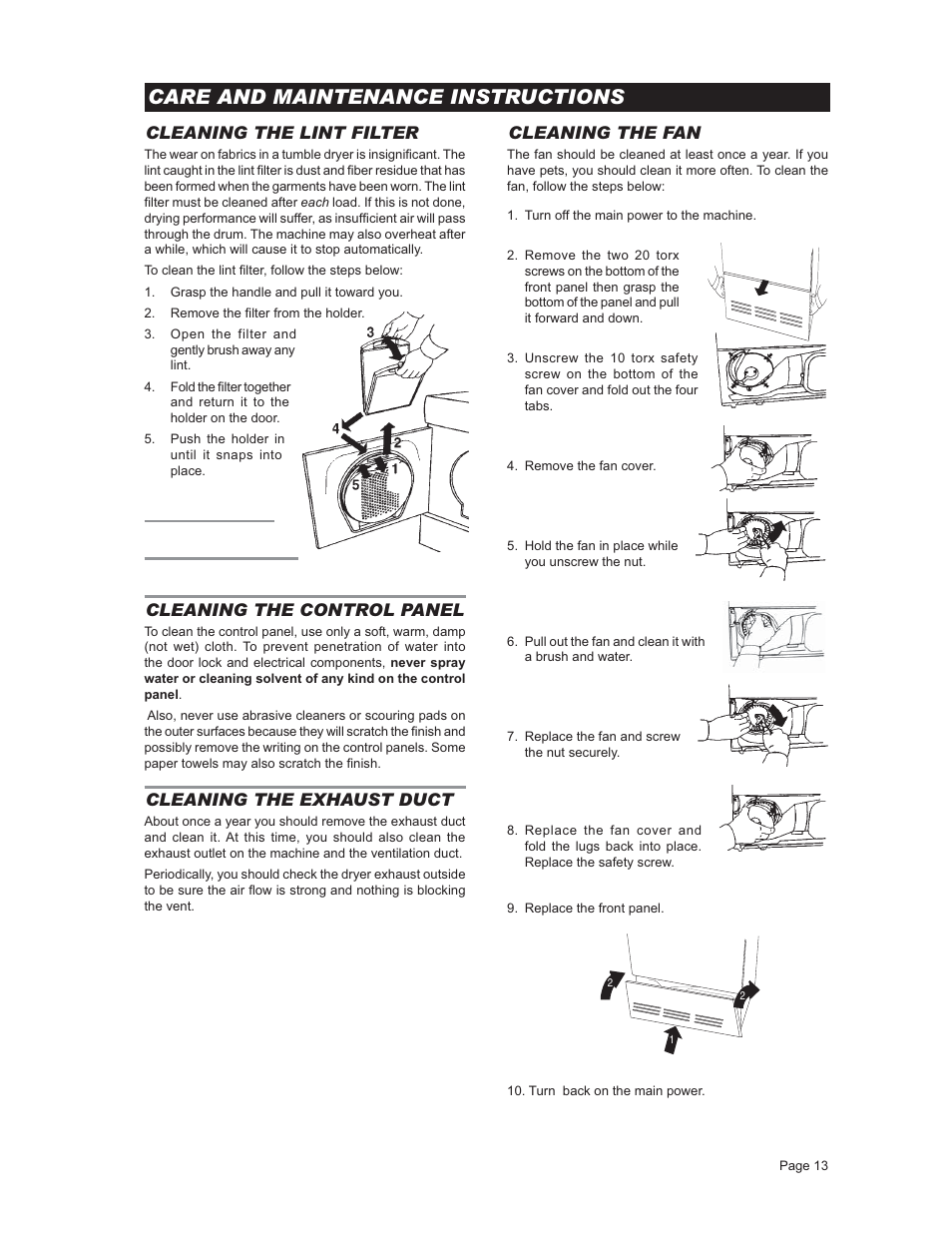 Care and maintenance instructions, Cleaning the lintfilter, Cleaning the fan | Cleaning the control panel, Cleaning the exhaustduct | ASKO T731 User Manual | Page 13 / 20