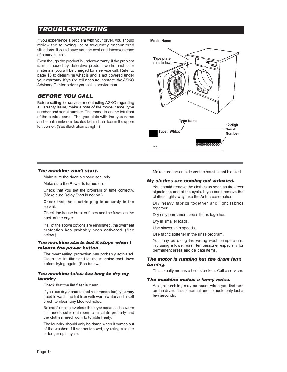 Troubleshooting, Before you call | ASKO T731 User Manual | Page 14 / 20