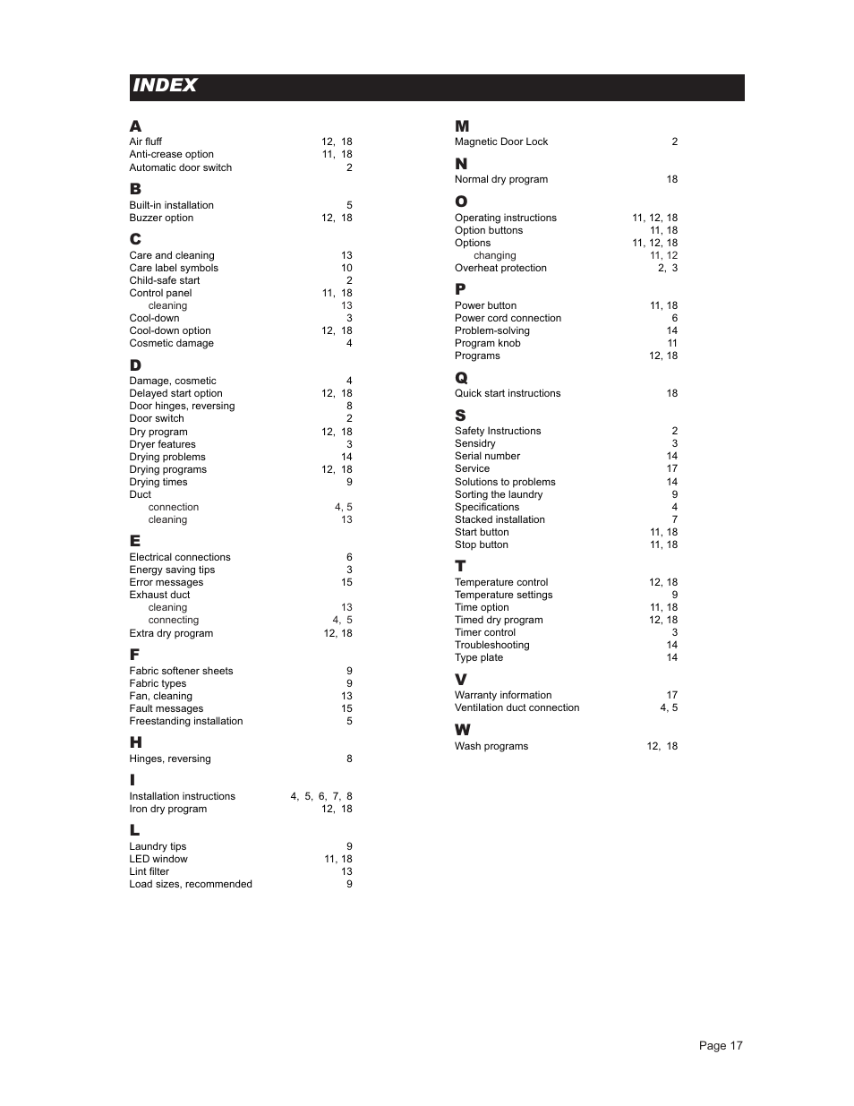 Index | ASKO T731 User Manual | Page 17 / 20