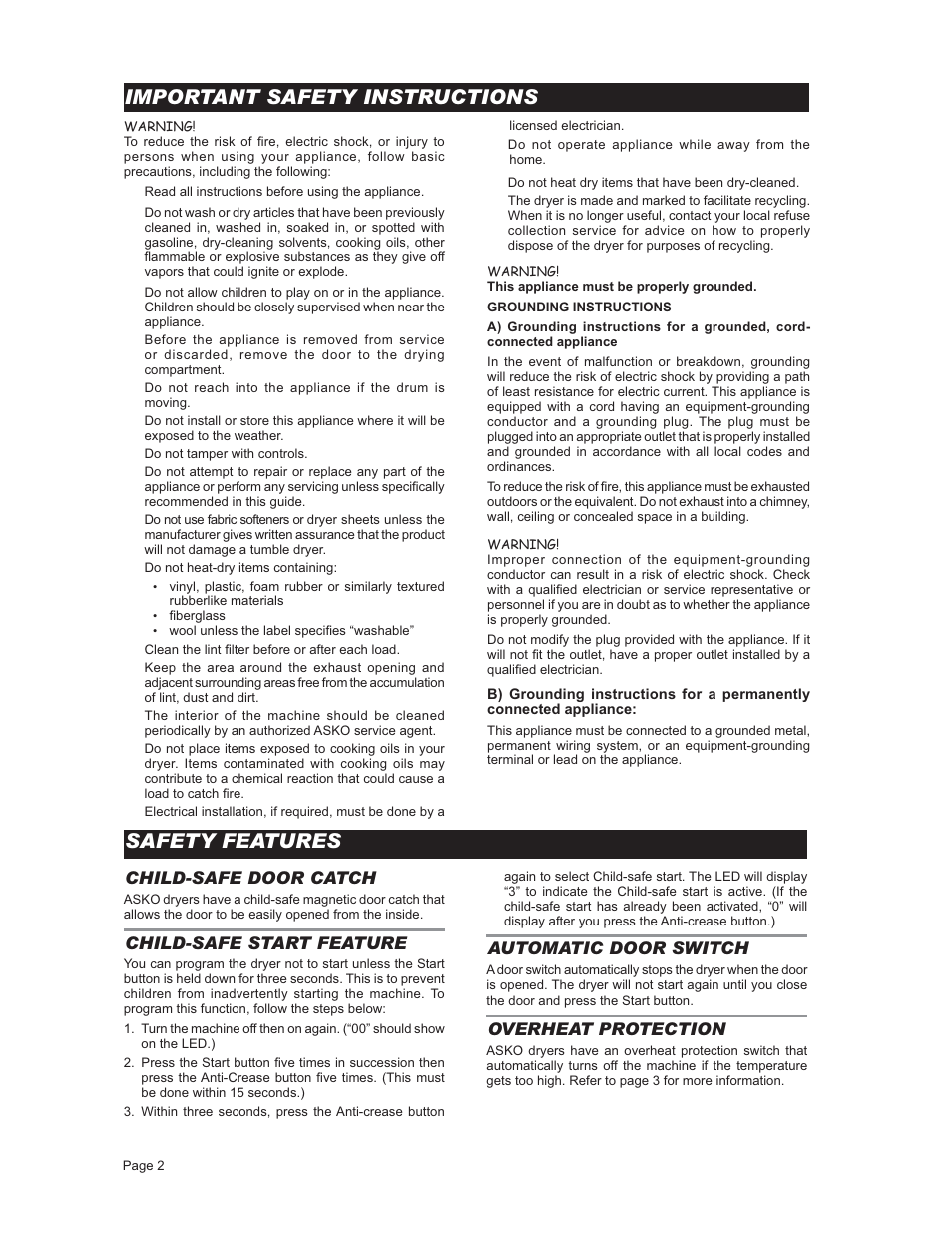 Importantsafetyinstructions, Safetyfeatures, Child-safe door catch | Child-safe startfeature, Automatic door switch, Overheatprotection, Warning | ASKO T731 User Manual | Page 2 / 20
