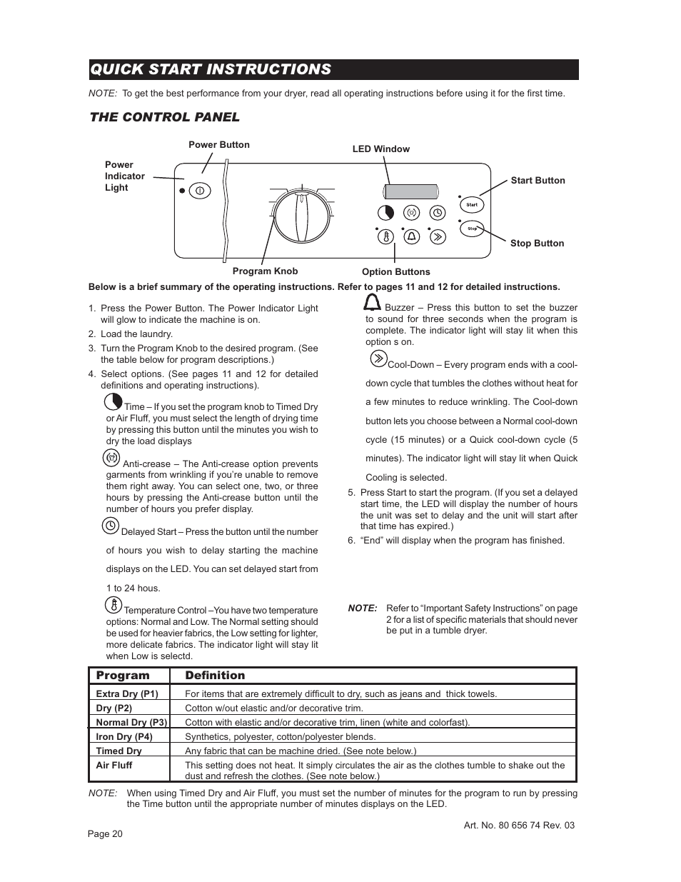 Quick start instructions, The control panel, Program definition | ASKO T731 User Manual | Page 20 / 20