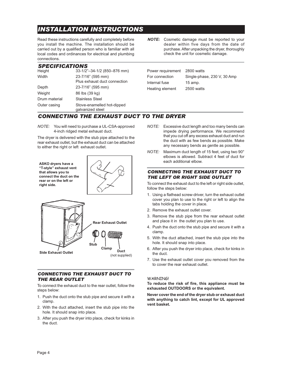 Connecting the exhaustductto the dryer, Installation instructions, Specifications | Warning | ASKO T731 User Manual | Page 4 / 20