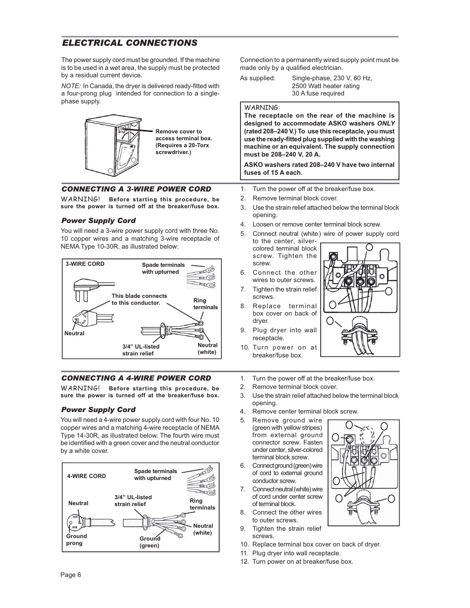 Electrical connections, Warnins, Warning | ASKO T731 User Manual | Page 6 / 20