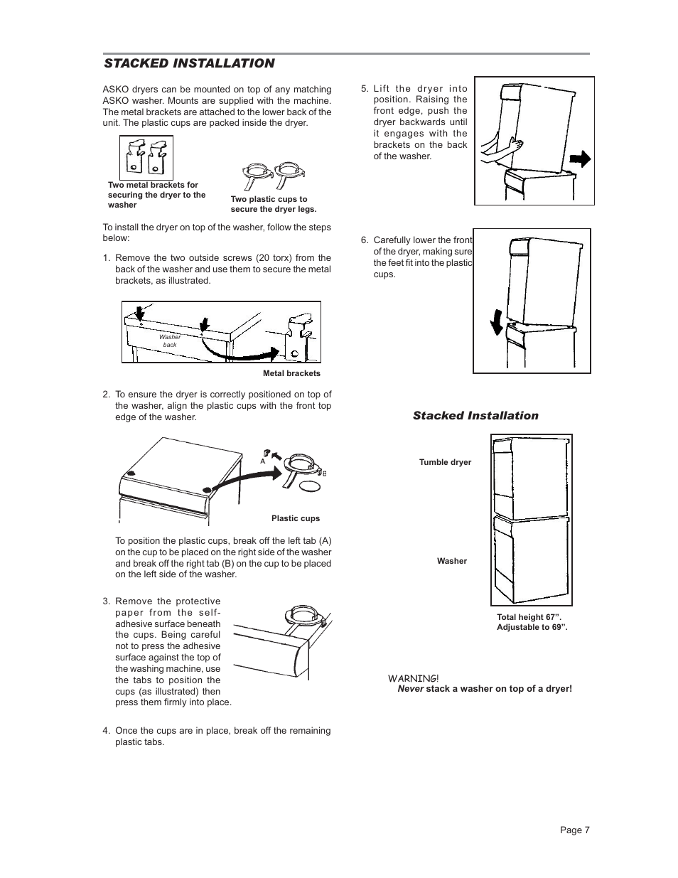 Stacked installation, Warning | ASKO T731 User Manual | Page 7 / 20