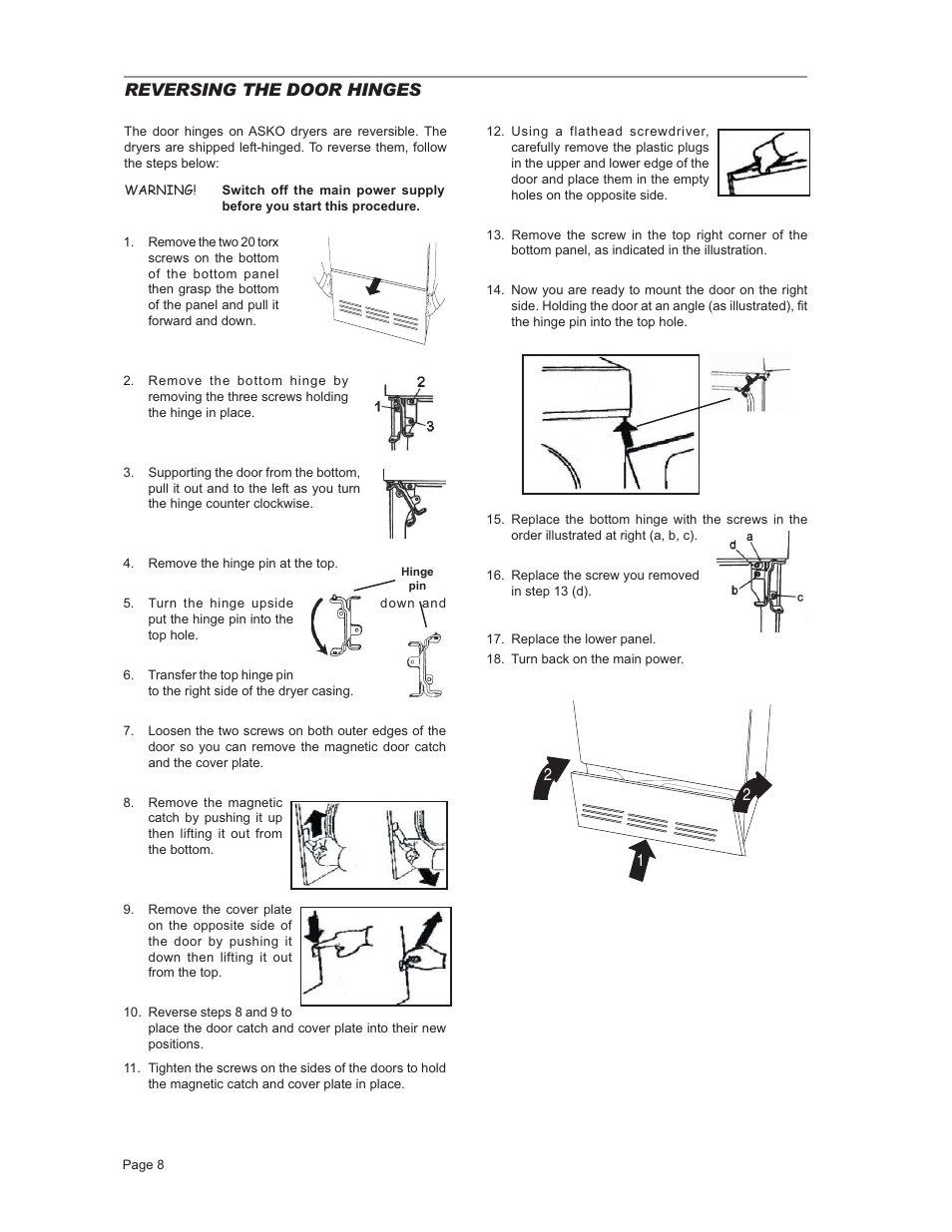 Reversing the door hinges | ASKO T731 User Manual | Page 8 / 20