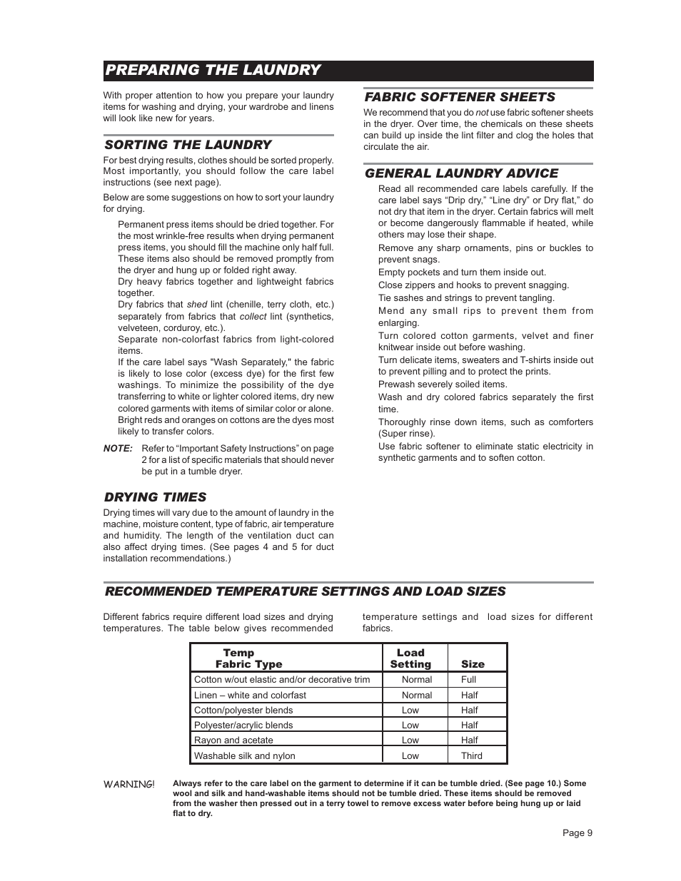 Preparing the laundry, Sorting the laundry, Fabric softener sheets | General laundryadvice, Drying times, Recommended temperature settingsand load sizes | ASKO T731 User Manual | Page 9 / 20