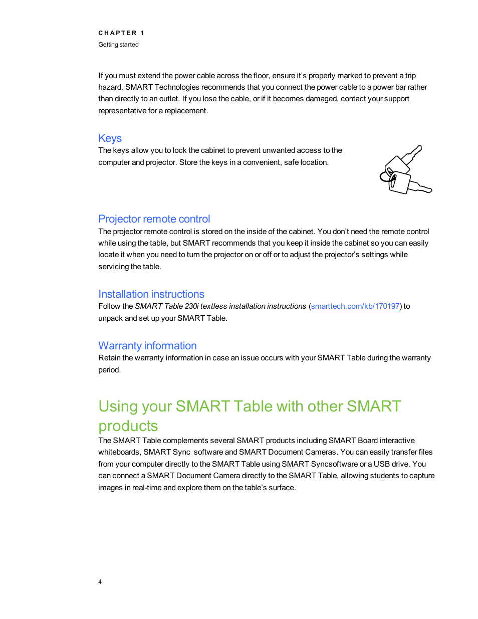 Keys, Projector remote control, Installation instructions | Warranty information, Using your smart table with other smart products | Smart Technologies SMART Table 230i User Manual | Page 10 / 36