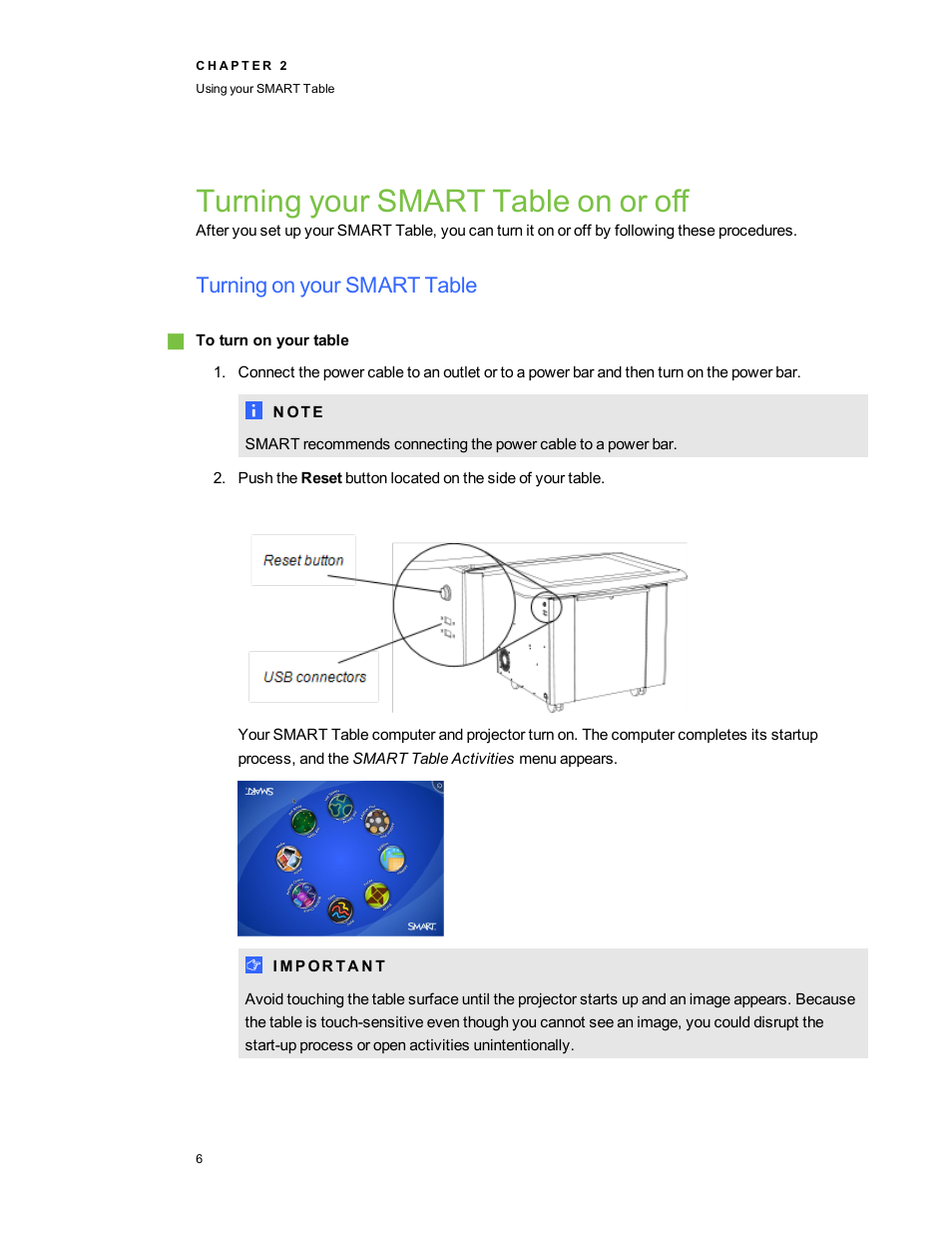 Turning your smart table on or off, Turning on your smart table | Smart Technologies SMART Table 230i User Manual | Page 12 / 36