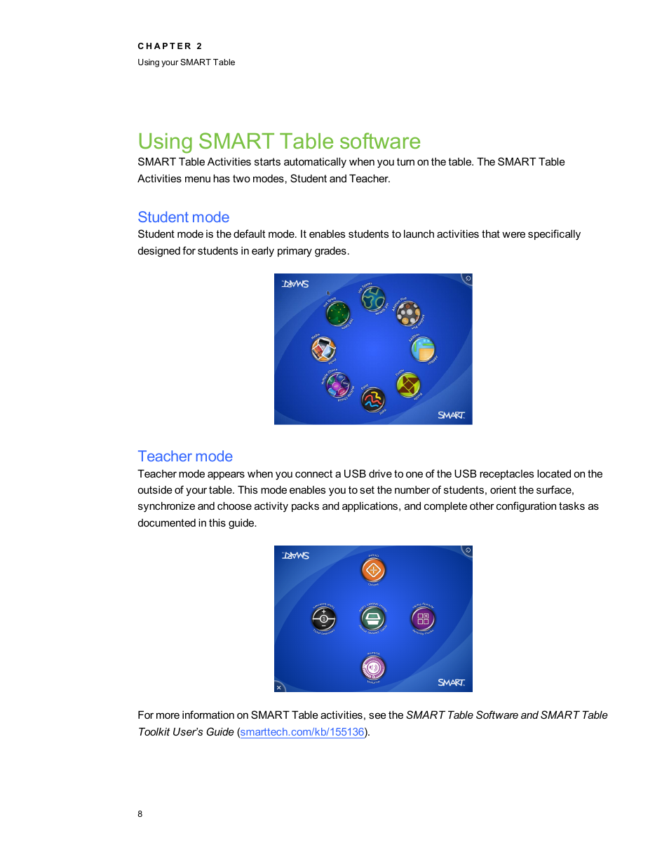 Using smart table software, Student mode, Teacher mode | Smart Technologies SMART Table 230i User Manual | Page 14 / 36
