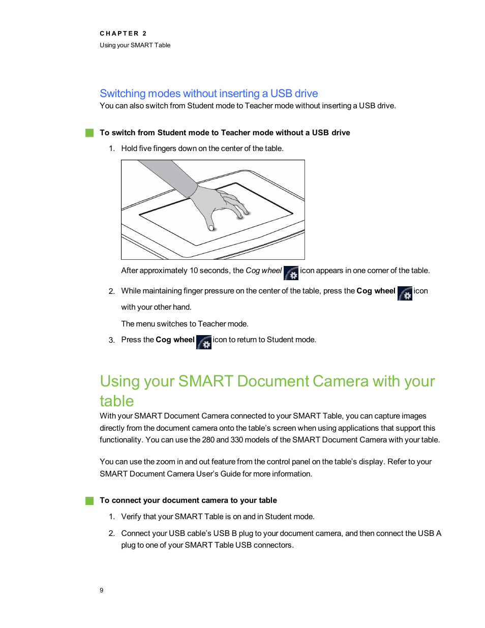 Switching modes without inserting a usb drive, Using your smart document camera with your table | Smart Technologies SMART Table 230i User Manual | Page 15 / 36