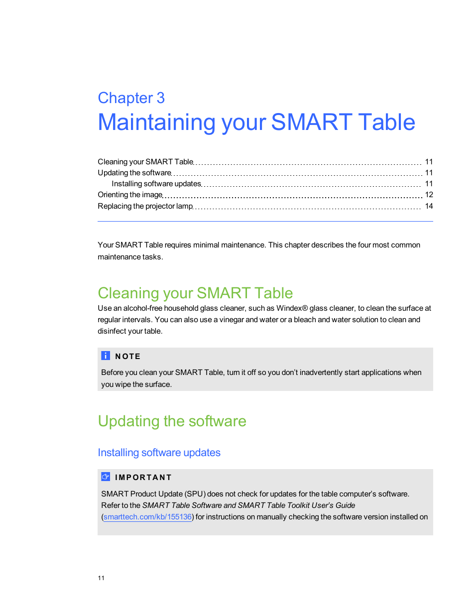 Chapter 3: maintaining your smart table, Cleaning your smart table, Updating the software | Installing software updates, Chapter 3 | Smart Technologies SMART Table 230i User Manual | Page 17 / 36