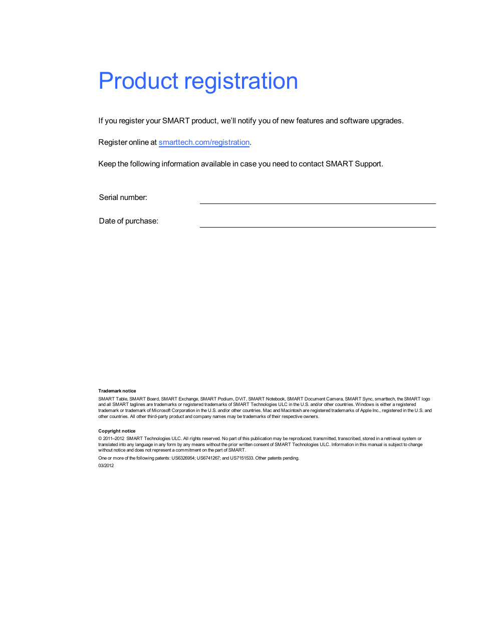 Product registration | Smart Technologies SMART Table 230i User Manual | Page 2 / 36
