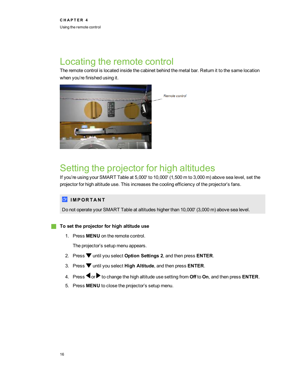 Locating the remote control, Setting the projector for high altitudes | Smart Technologies SMART Table 230i User Manual | Page 22 / 36