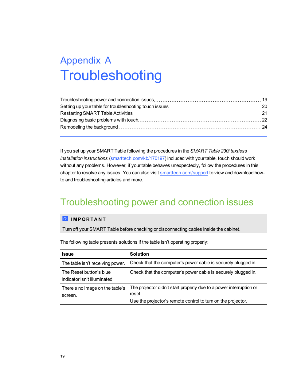 Appendix a: troubleshooting, Troubleshooting power and connection issues, Appendix a | Smart Technologies SMART Table 230i User Manual | Page 25 / 36