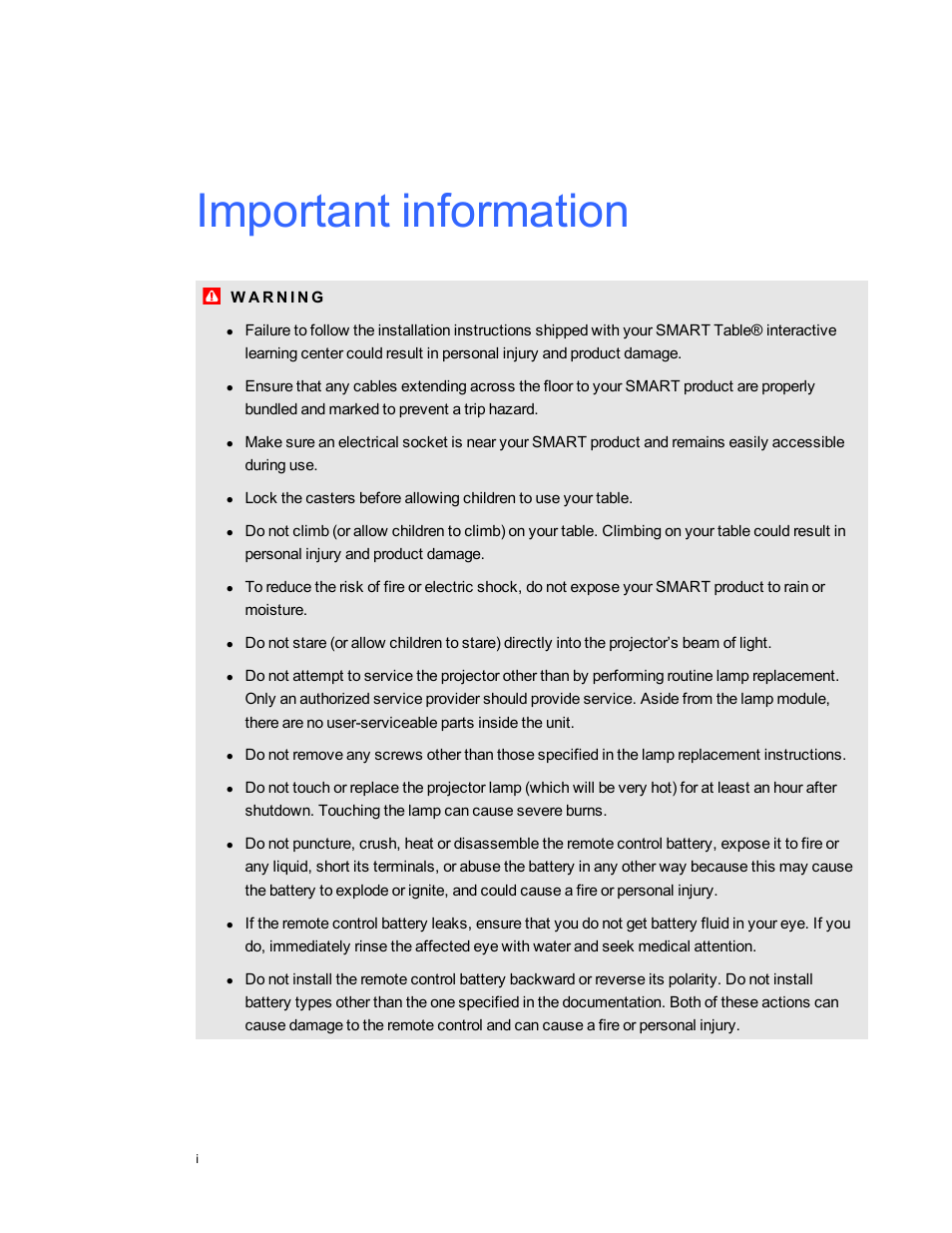 Important information | Smart Technologies SMART Table 230i User Manual | Page 3 / 36