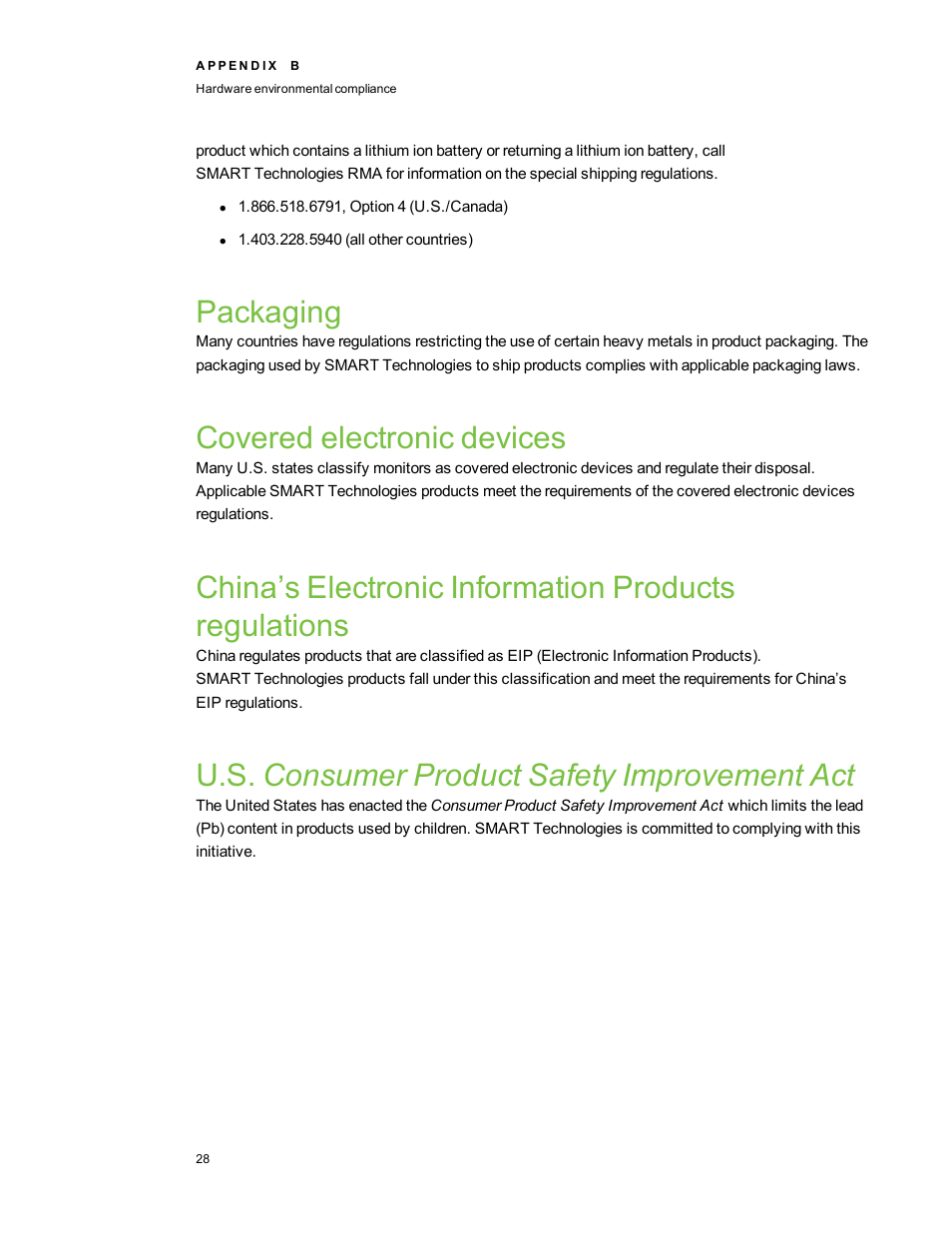 Packaging, Covered electronic devices, U.s. consumer product safety improvement act | Smart Technologies SMART Table 230i User Manual | Page 34 / 36