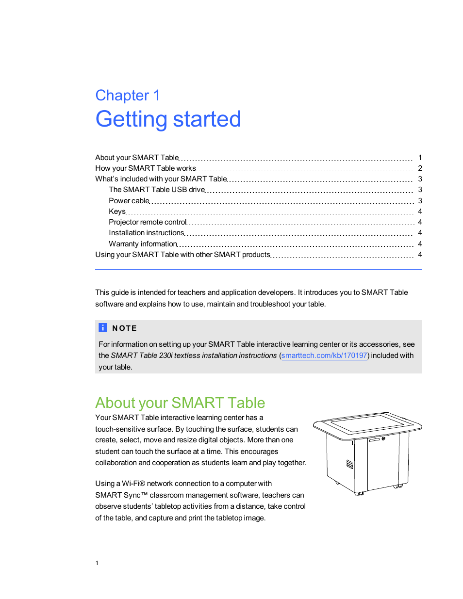 Chapter 1: getting started, About your smart table, Chapter 1 | Smart Technologies SMART Table 230i User Manual | Page 7 / 36