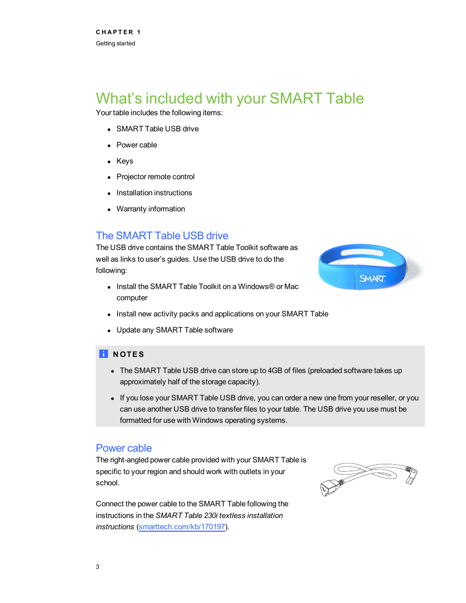 What’s included with your smart table, The smart table usb drive, Power cable | Smart Technologies SMART Table 230i User Manual | Page 9 / 36