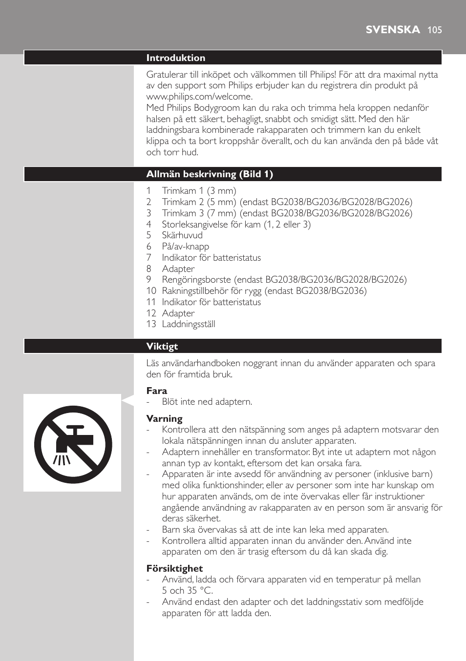 Svenska, Svenska 10 | Philips BODYGROOM Series 5000 Bodygroom User Manual | Page 105 / 126