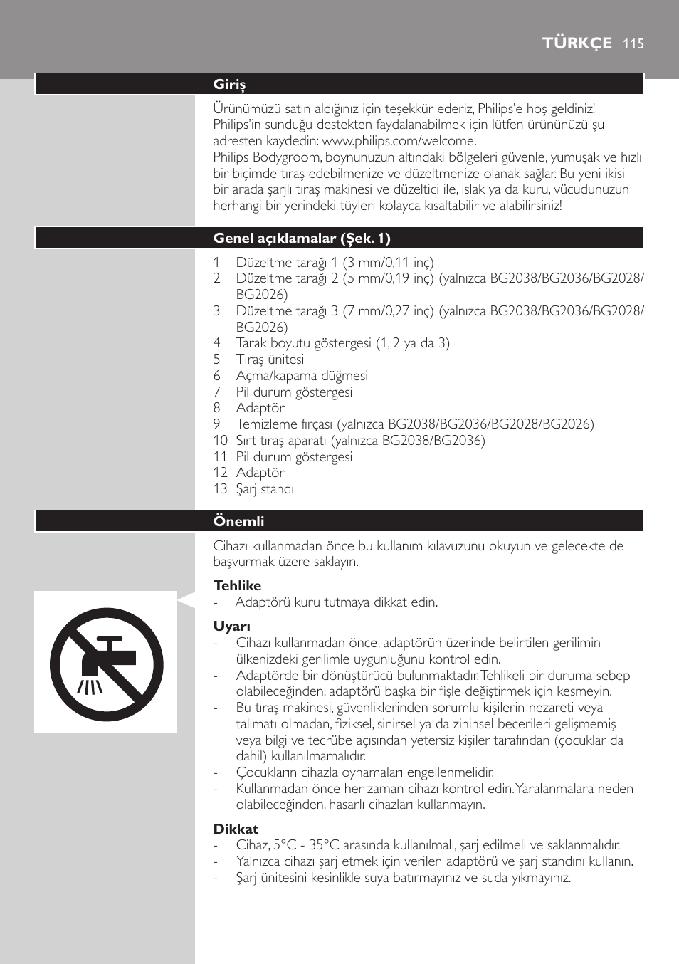 Türkçe, Türkçe 11 | Philips BODYGROOM Series 5000 Bodygroom User Manual | Page 115 / 126