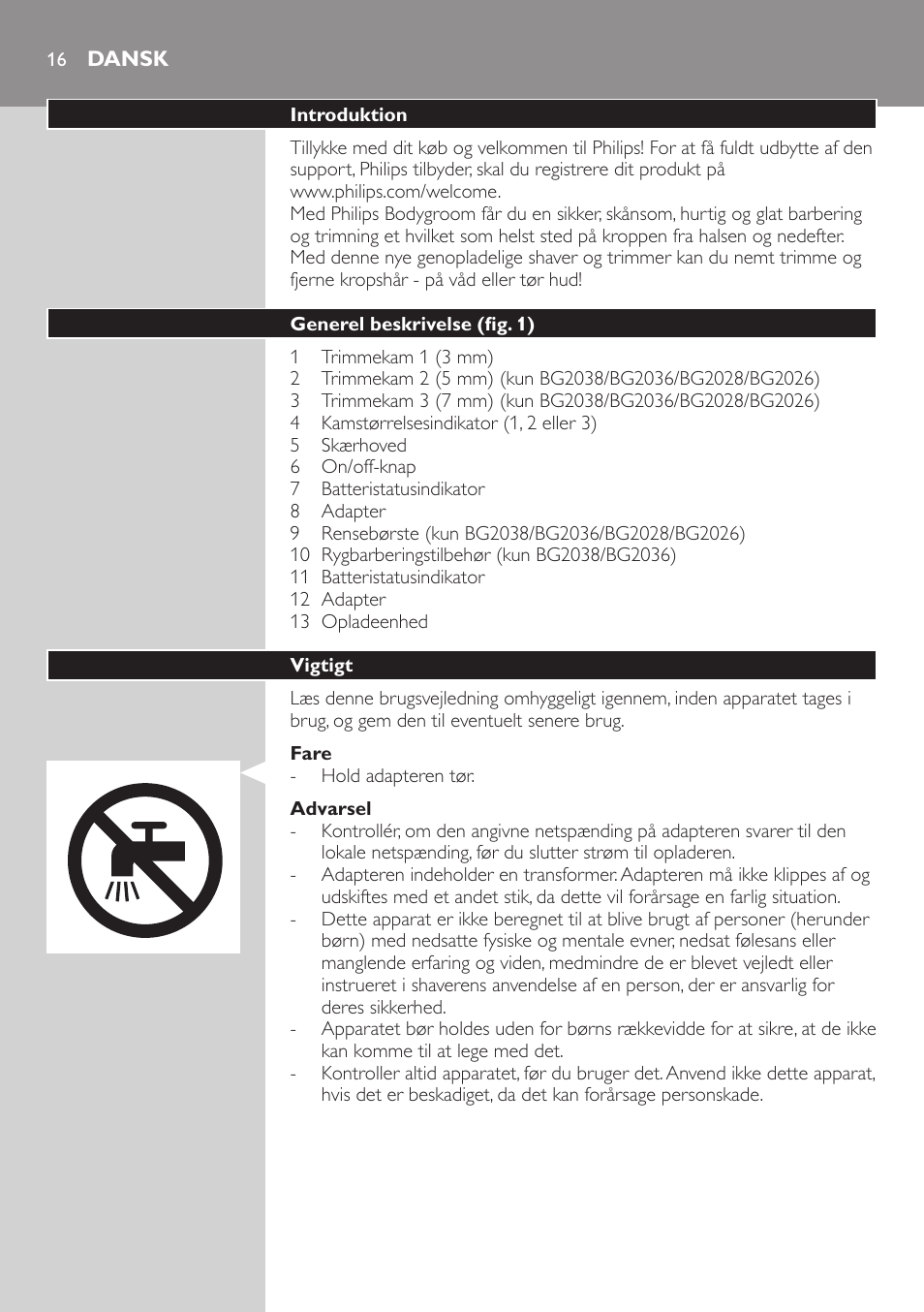 Dansk | Philips BODYGROOM Series 5000 Bodygroom User Manual | Page 16 / 126