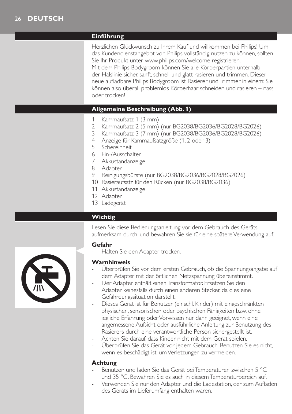 Deutsch, Deutsch 26 | Philips BODYGROOM Series 5000 Bodygroom User Manual | Page 26 / 126