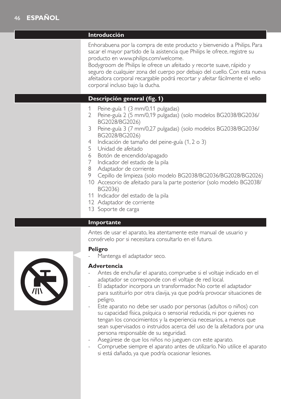 Español | Philips BODYGROOM Series 5000 Bodygroom User Manual | Page 46 / 126