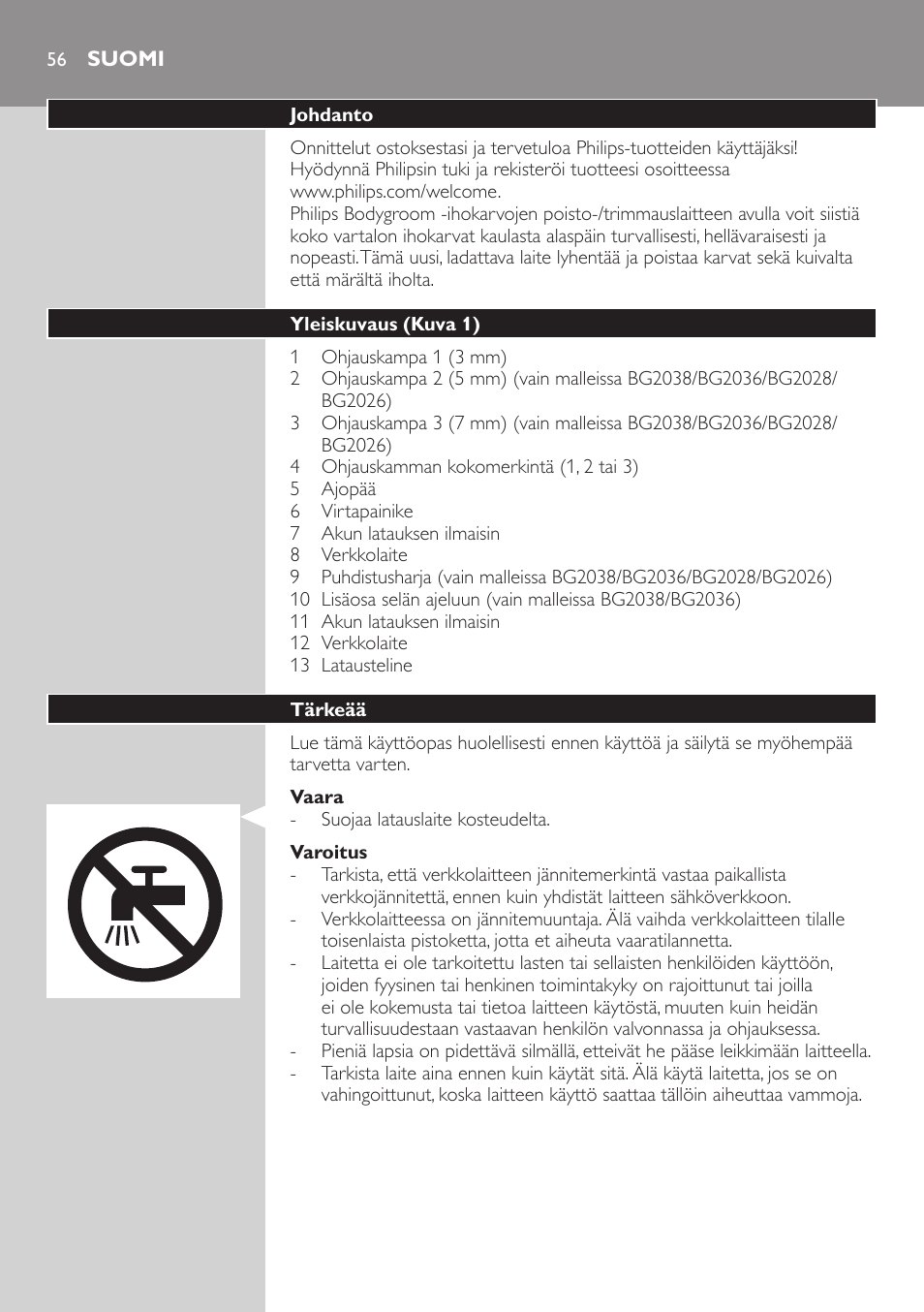 Suomi | Philips BODYGROOM Series 5000 Bodygroom User Manual | Page 56 / 126