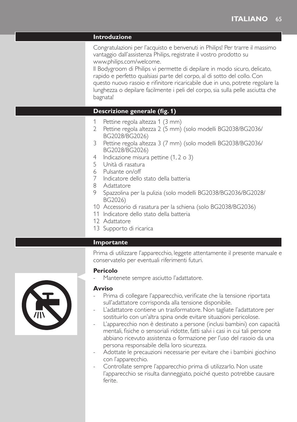 Italiano | Philips BODYGROOM Series 5000 Bodygroom User Manual | Page 65 / 126