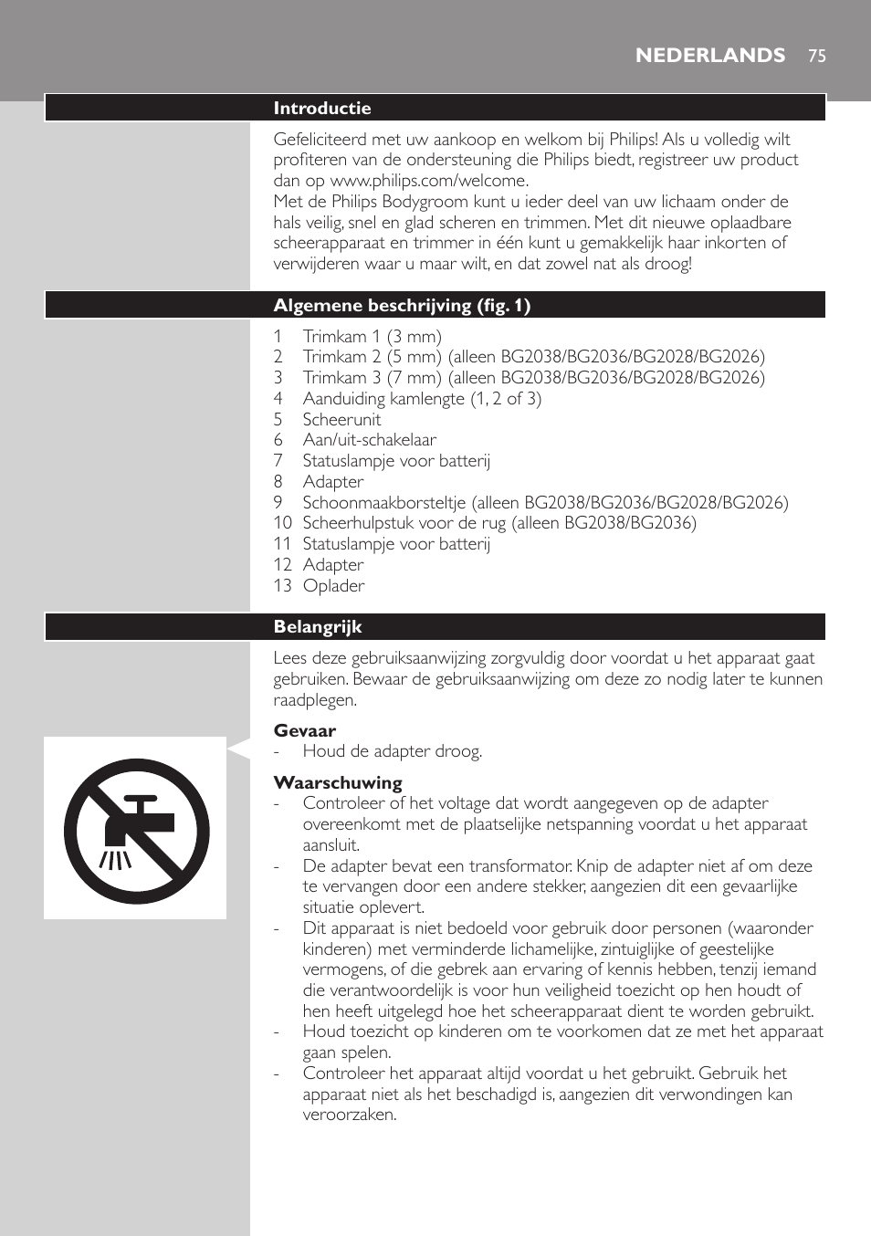 Nederlands, Nederlands 75 | Philips BODYGROOM Series 5000 Bodygroom User Manual | Page 75 / 126