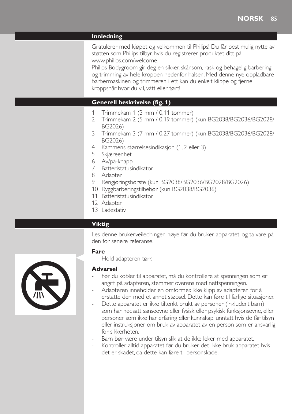 Norsk, Norsk 85 | Philips BODYGROOM Series 5000 Bodygroom User Manual | Page 85 / 126