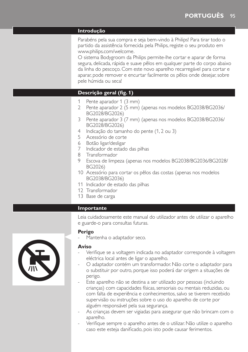 Português | Philips BODYGROOM Series 5000 Bodygroom User Manual | Page 95 / 126