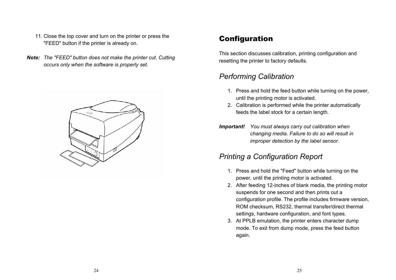 Performing calibration, Printing a configuration report, Configuration | Argox OS-214 plus User Manual | Page 15 / 41