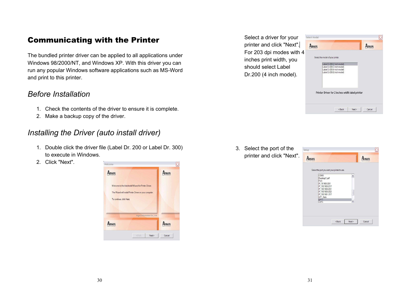 Before installation, Installing the driver (auto install driver), Communicating with the printer | Argox OS-214 plus User Manual | Page 18 / 41