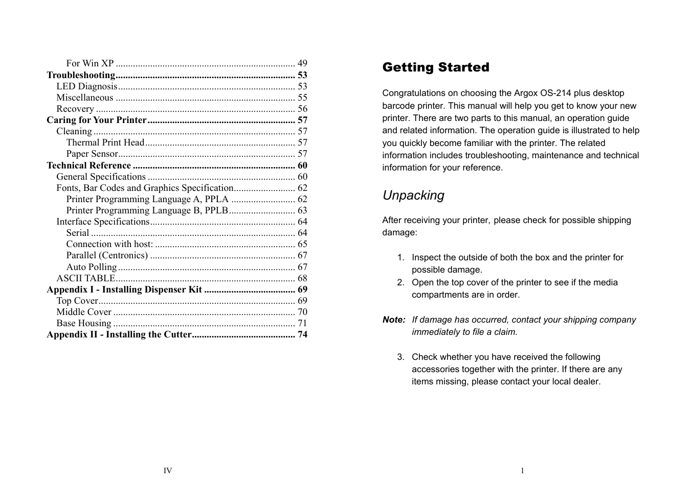 Unpacking, Getting started | Argox OS-214 plus User Manual | Page 3 / 41