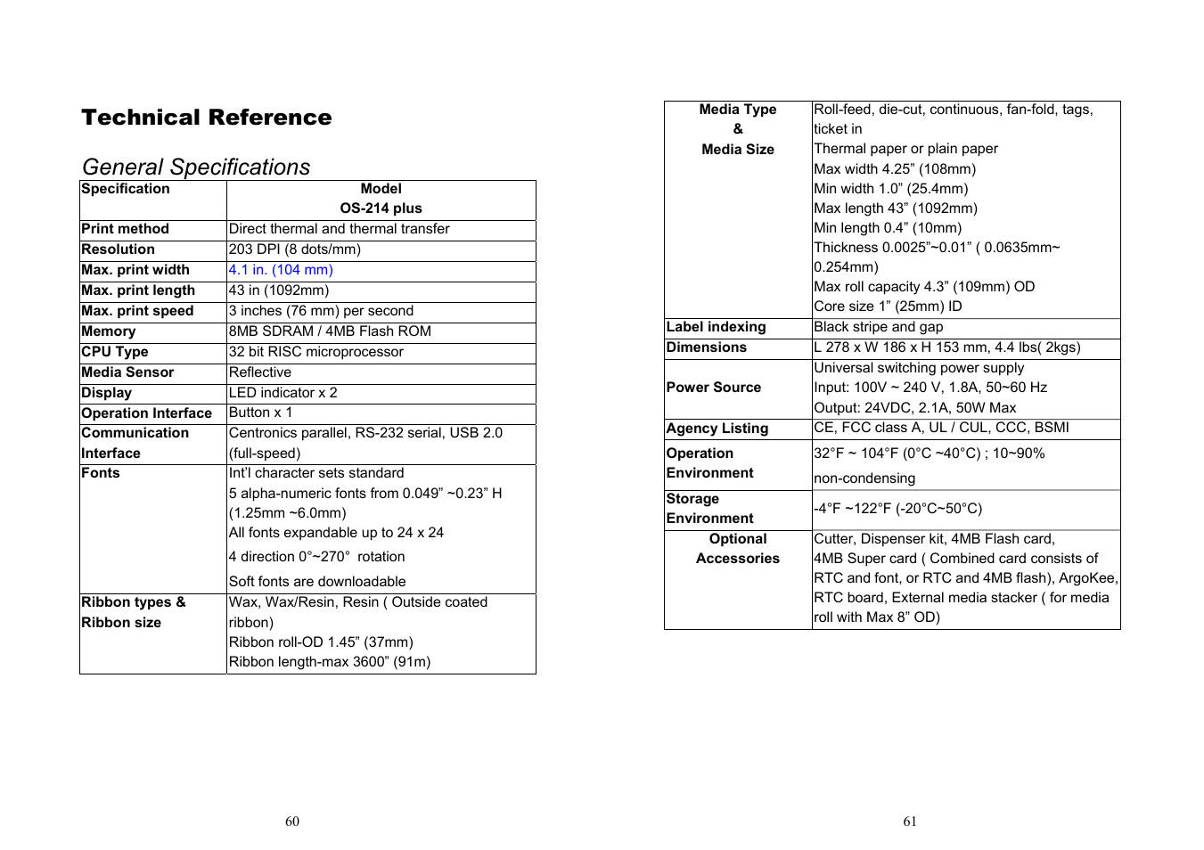 General specifications, Technical reference | Argox OS-214 plus User Manual | Page 33 / 41