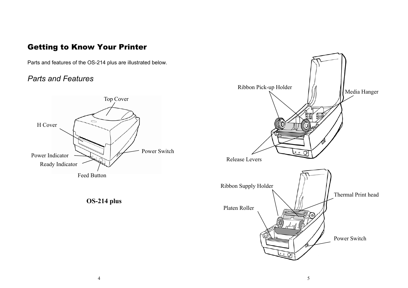 Parts and features, Getting to know your printer | Argox OS-214 plus User Manual | Page 5 / 41