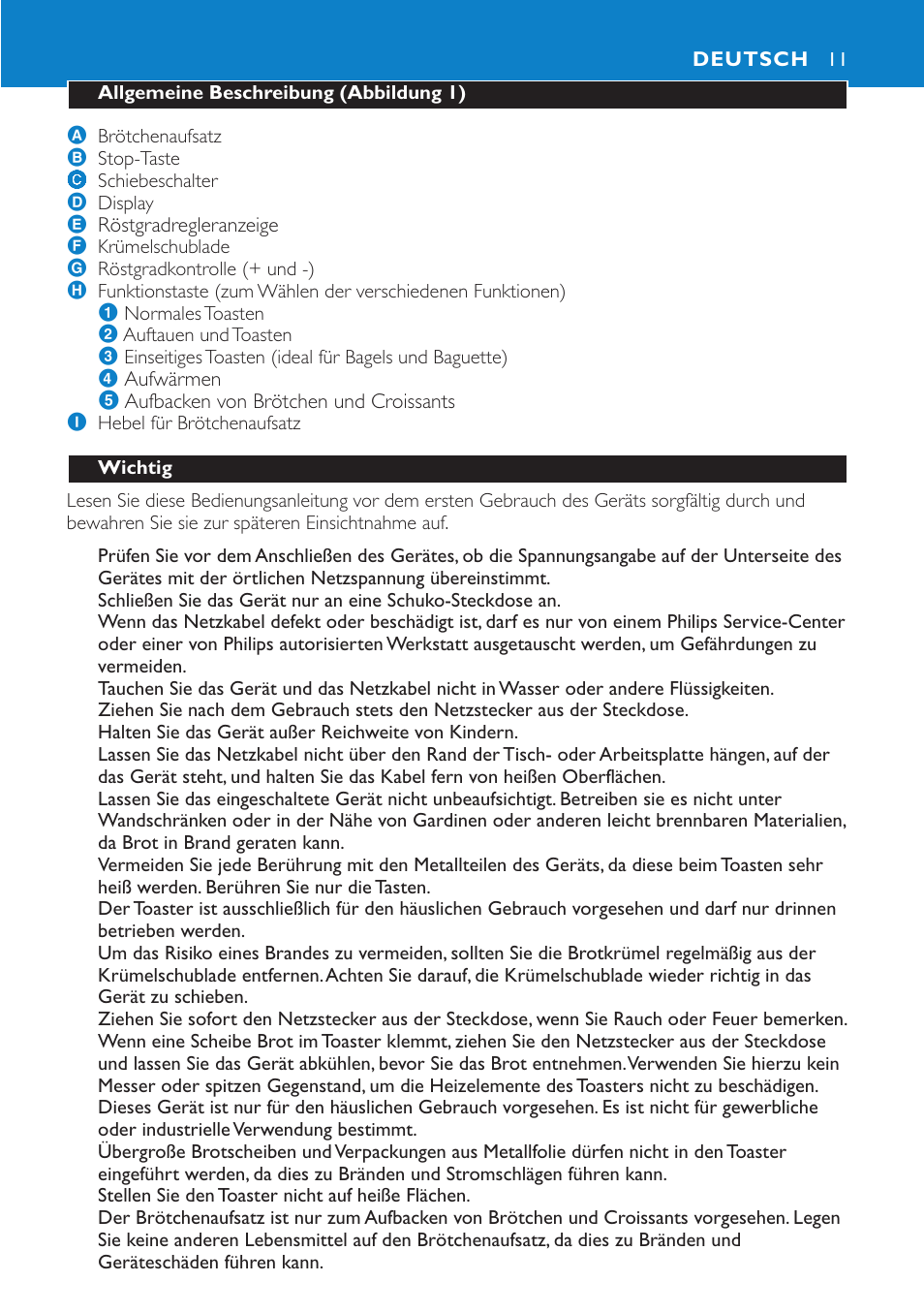 Deutsch 11 | Philips Aluminium Collection Toaster User Manual | Page 11 / 80