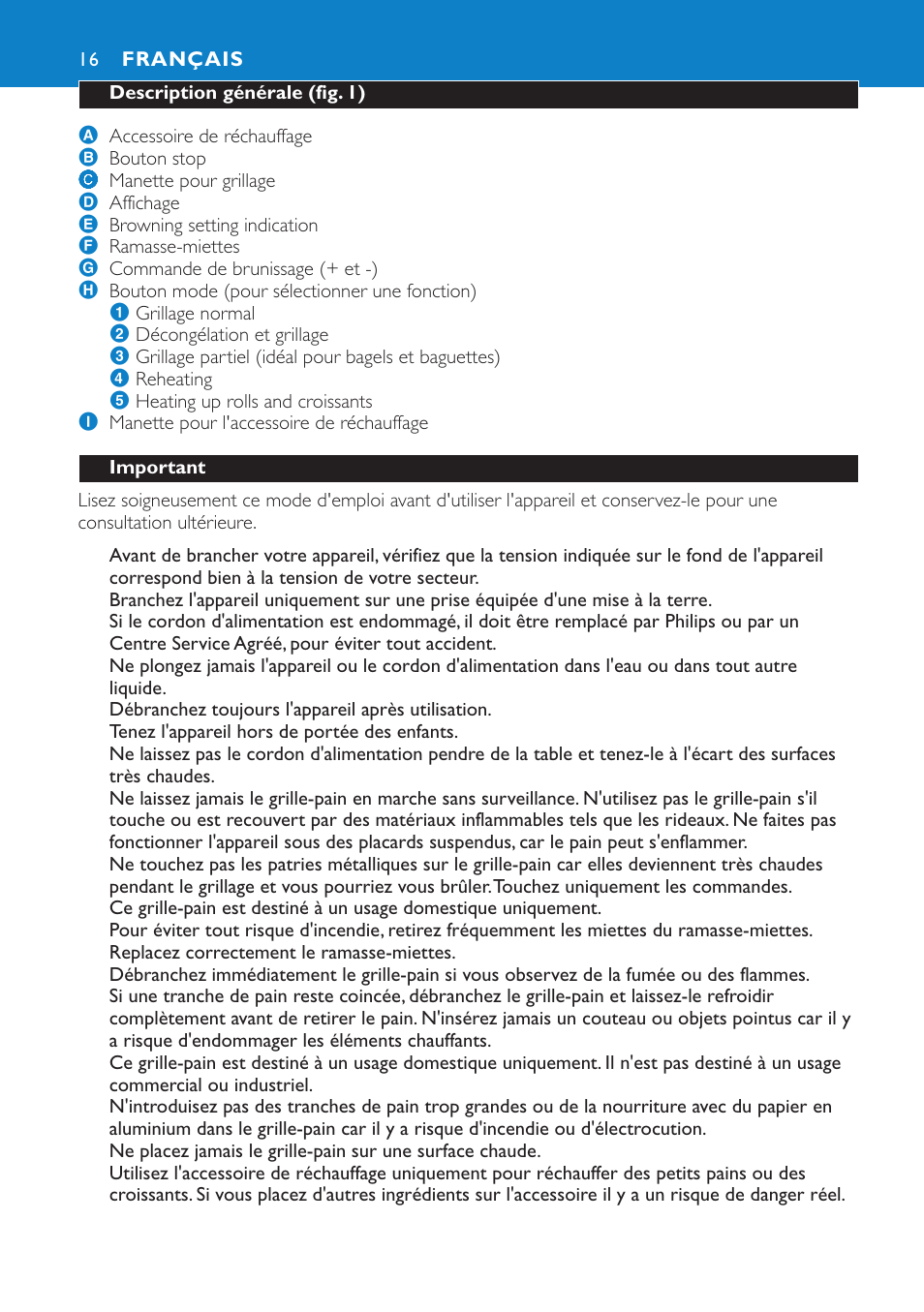 Français 16 | Philips Aluminium Collection Toaster User Manual | Page 16 / 80