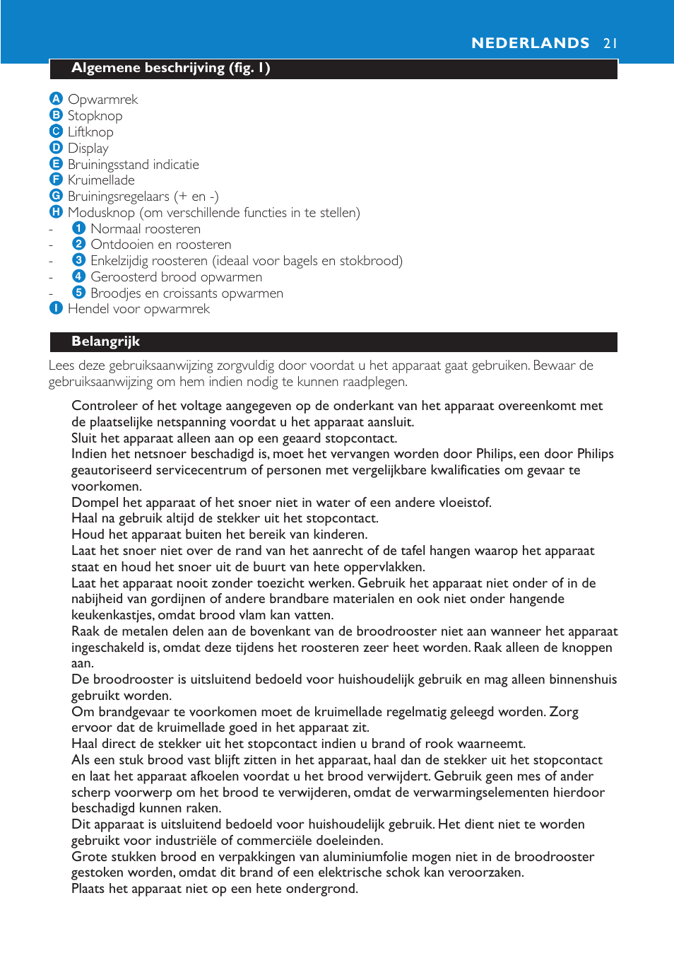 Nederlands 21 | Philips Aluminium Collection Toaster User Manual | Page 21 / 80