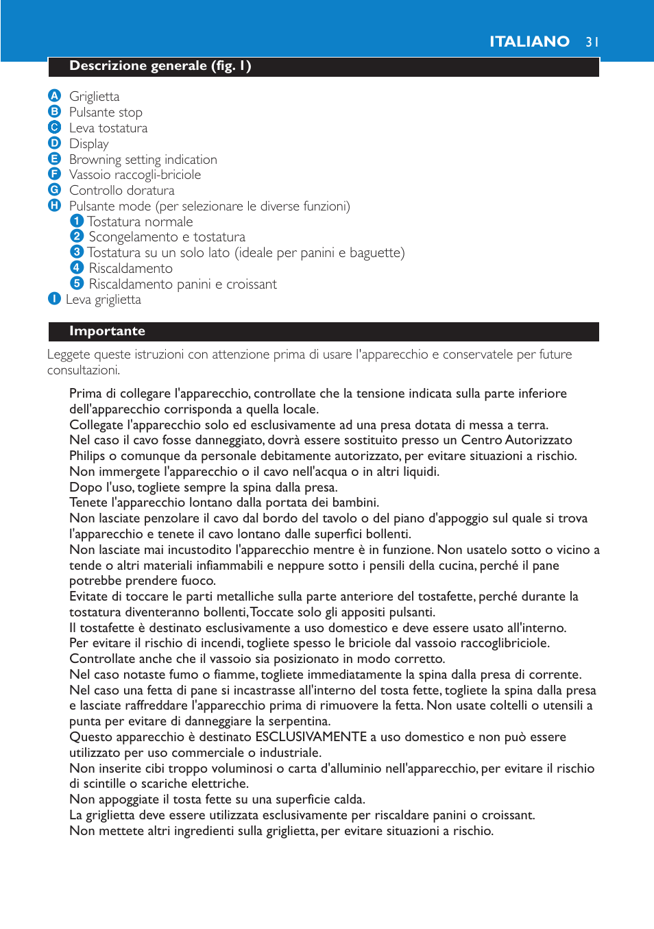 Italiano 31 | Philips Aluminium Collection Toaster User Manual | Page 31 / 80