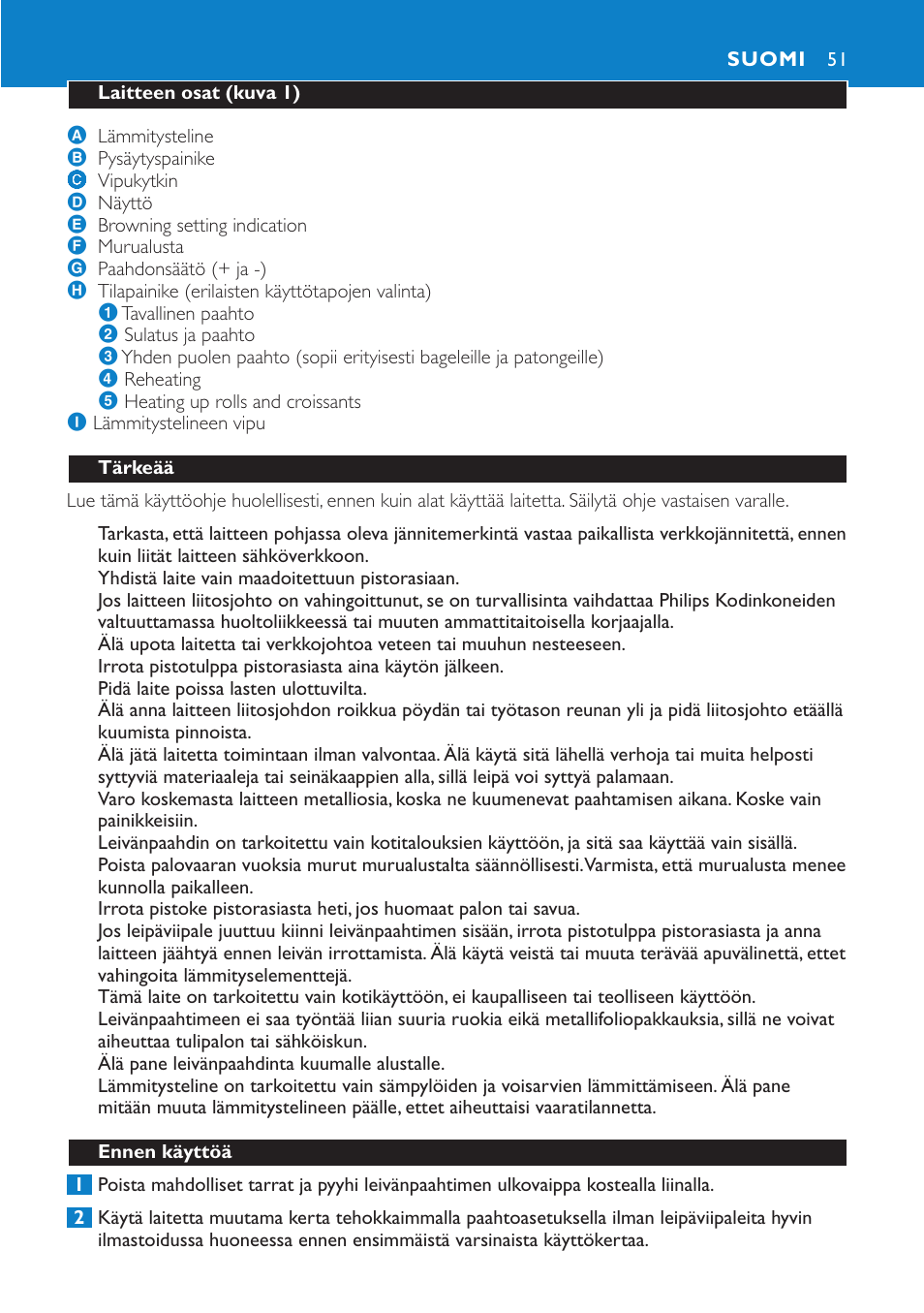 Suomi 51 | Philips Aluminium Collection Toaster User Manual | Page 51 / 80