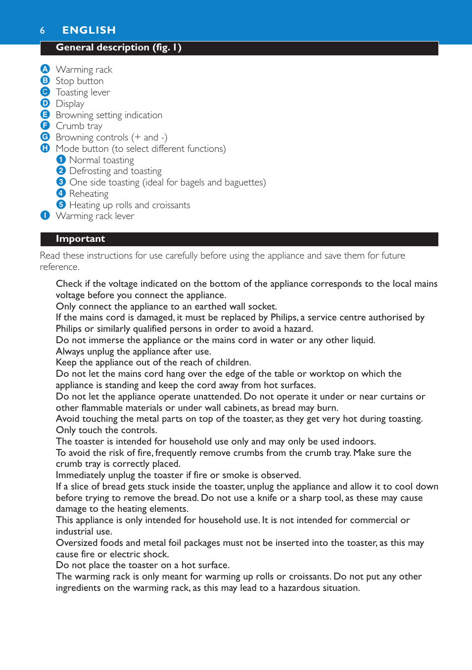 English 6 | Philips Aluminium Collection Toaster User Manual | Page 6 / 80
