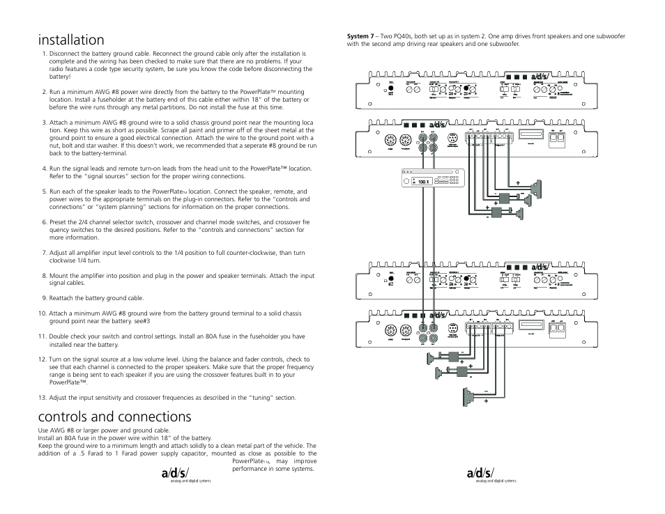 Installation, Controls and connections | a/d/s/ PQ40.2 User Manual | Page 11 / 12