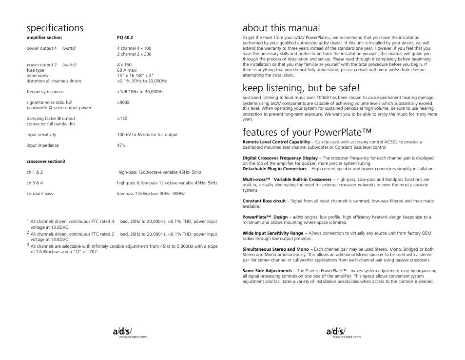 Specifications, About this manual, Keep listening, but be safe | Features of your powerplate | a/d/s/ PQ40.2 User Manual | Page 3 / 12
