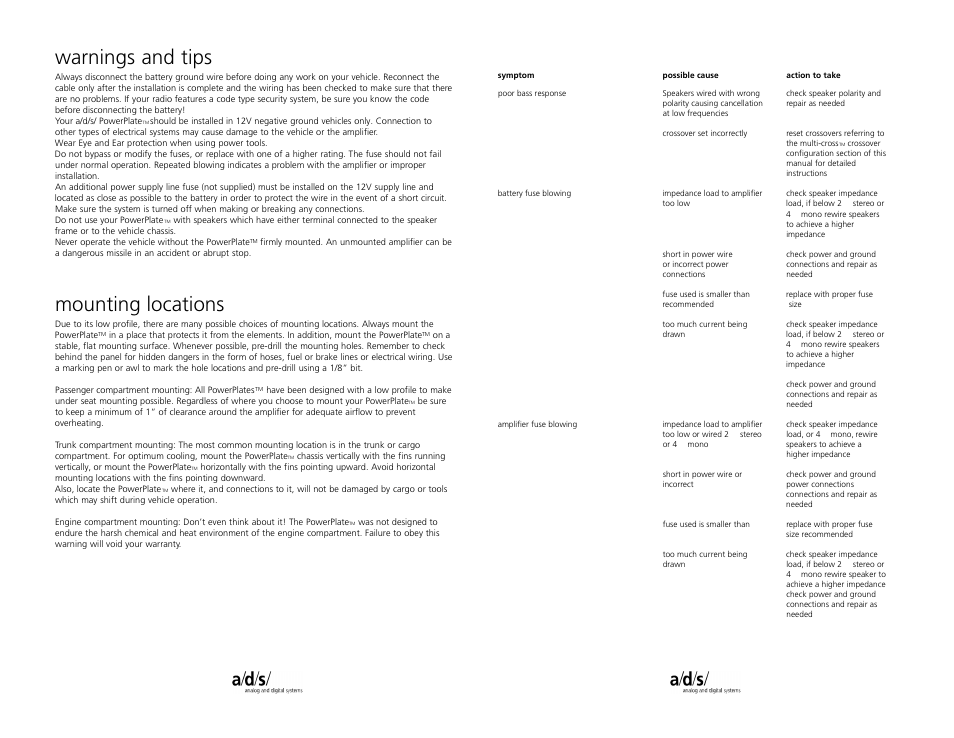 Warnings and tips, Mounting locations | a/d/s/ PQ40.2 User Manual | Page 4 / 12