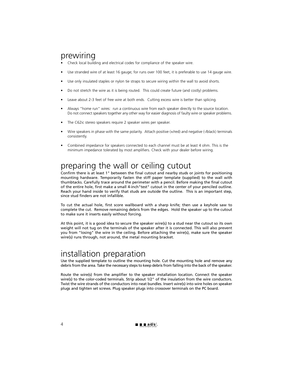 Prewiring, Preparing the wall or ceiling cutout, Installation preparation | a/d/s/ C62ic User Manual | Page 4 / 8